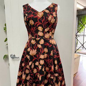 Eva Rose Black, Beige, and Red Tulip V-Neck Fit and Flare Dress with Pockets